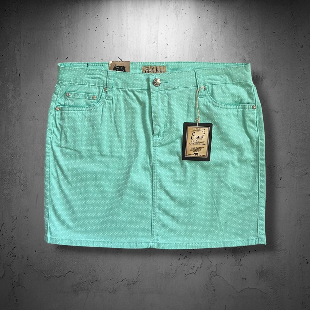 New Earl Jean Polka Dot Denim Stretch Skirt 12 Mint Green Pockets Preppy Pastel